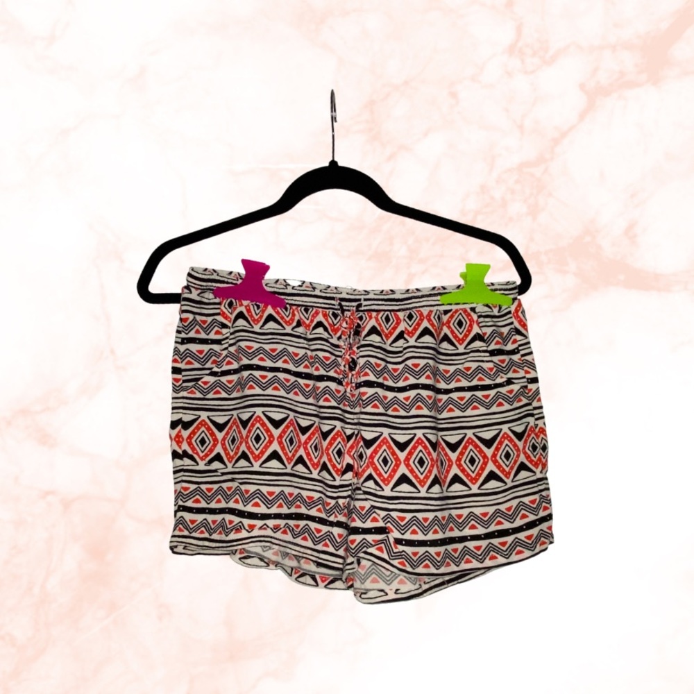 NoBo red, black, and cream tribal print shorts